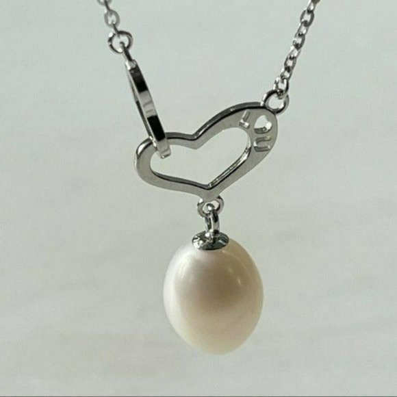 Stamped I LOVE U 925S‎ Silver Drop Freshwater Pearl Pendant Heart Necklace - Picture 11 of 16